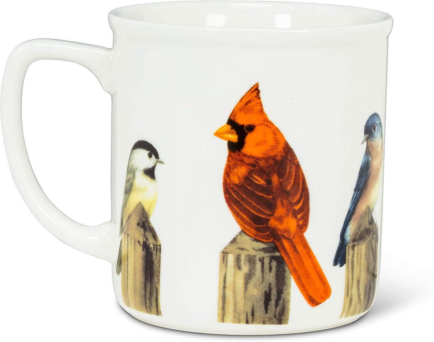 Tasse blanche avec oiseaux sur poteaux