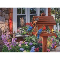 Puzzle 1000 pieces - Cat and bird feeder in summer